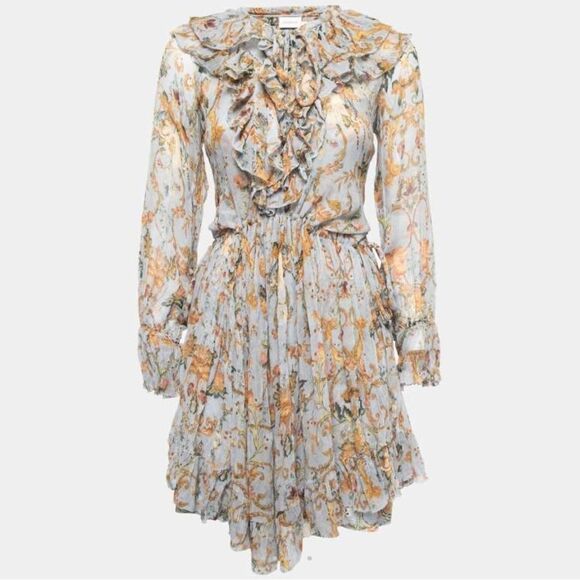 Auth Zimmermann Blue Floral Print Crinkled Chiffon Ruffled Drawstring Dress XS - Picture 2 of 10